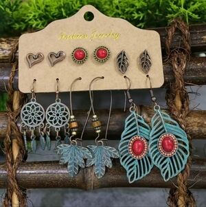 NEW~ Earrings ~ Set of Six (6) Boho Dream Catcher Leafs Hearts *